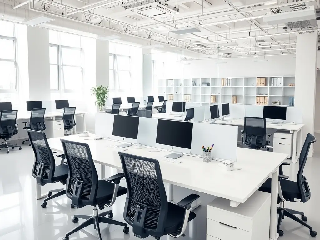 A modern, well-organized office space with clean desks, sanitized surfaces, and a welcoming atmosphere, demonstrating the impact of Green Luxe Cleaning Ottawa's commercial cleaning service. The image should convey professionalism, hygiene, and a productive work environment.