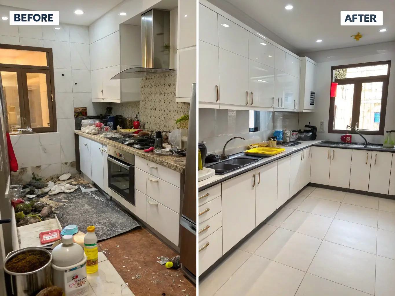 A before-and-after shot of a kitchen, showcasing the dramatic transformation achieved through Green Luxe Cleaning Ottawa's specialized cleaning service. The 'before' image shows a cluttered and dirty kitchen, while the 'after' image reveals a sparkling clean and organized space.
